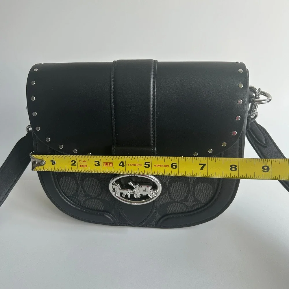Coach Georgie Saddle Bag Black Colorblock Canvas Leather Rivets C3593